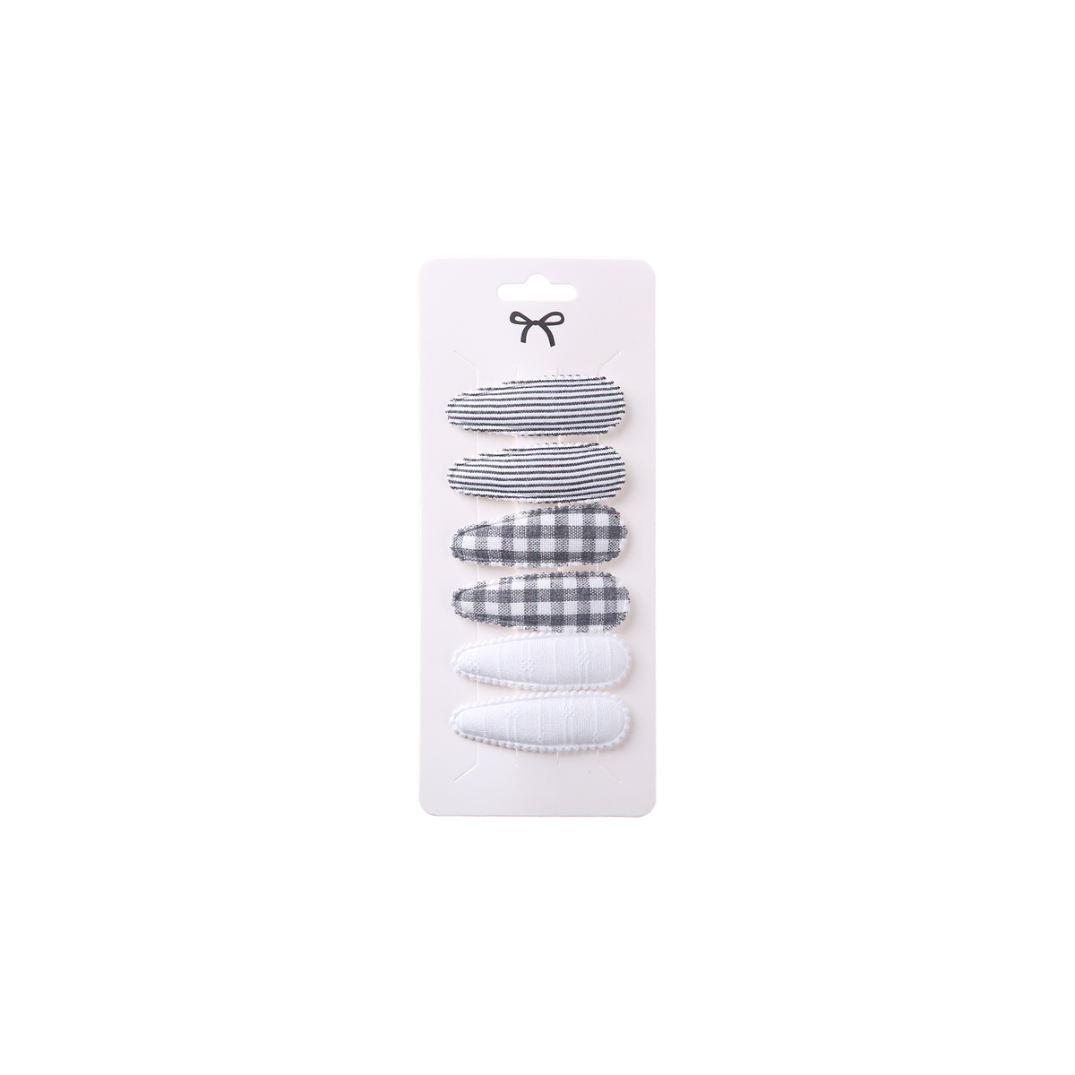 6 piece Kiki baby snap hair clips in domino, black stripes, grey gingham and white, on a card