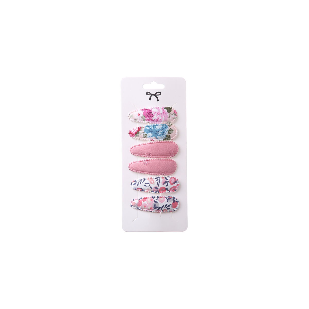 6 piece Kiki baby snap hair clips in garden, pink and blue rose florals with dusty pink, on a card