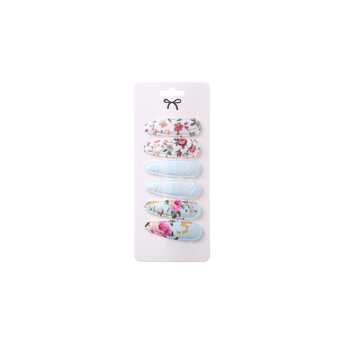 6 piece Kiki baby snap hair clips in lagoon, cream and aqua rose florals with ice blue, on a card