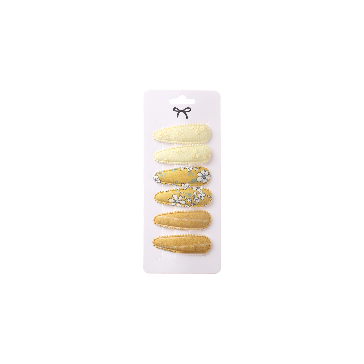 6 piece Kiki baby snap hair clips in marmalade, lemon and mustard florals and stripes, on a card