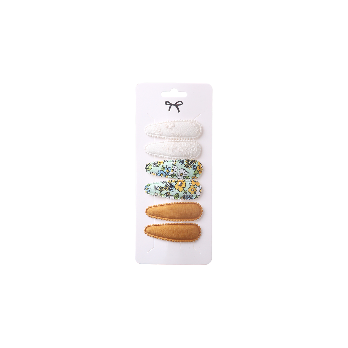 6 piece Kiki baby snap hair clips in sunbeam, white lace, mint floral and golden satin, on a card
