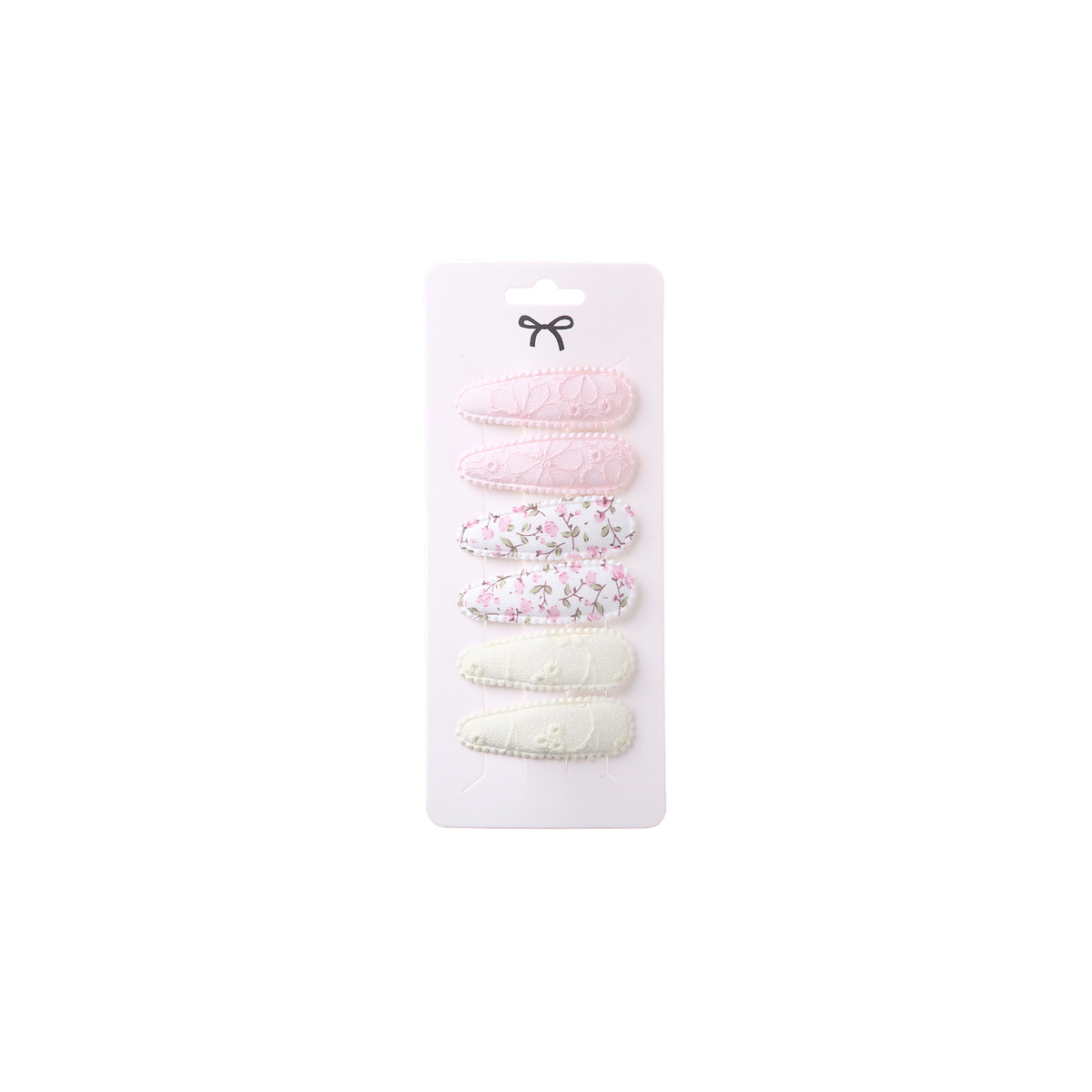 6 piece Kiki baby snap hair clips in sweetpea, pale pink, blossom print and cream, on a card