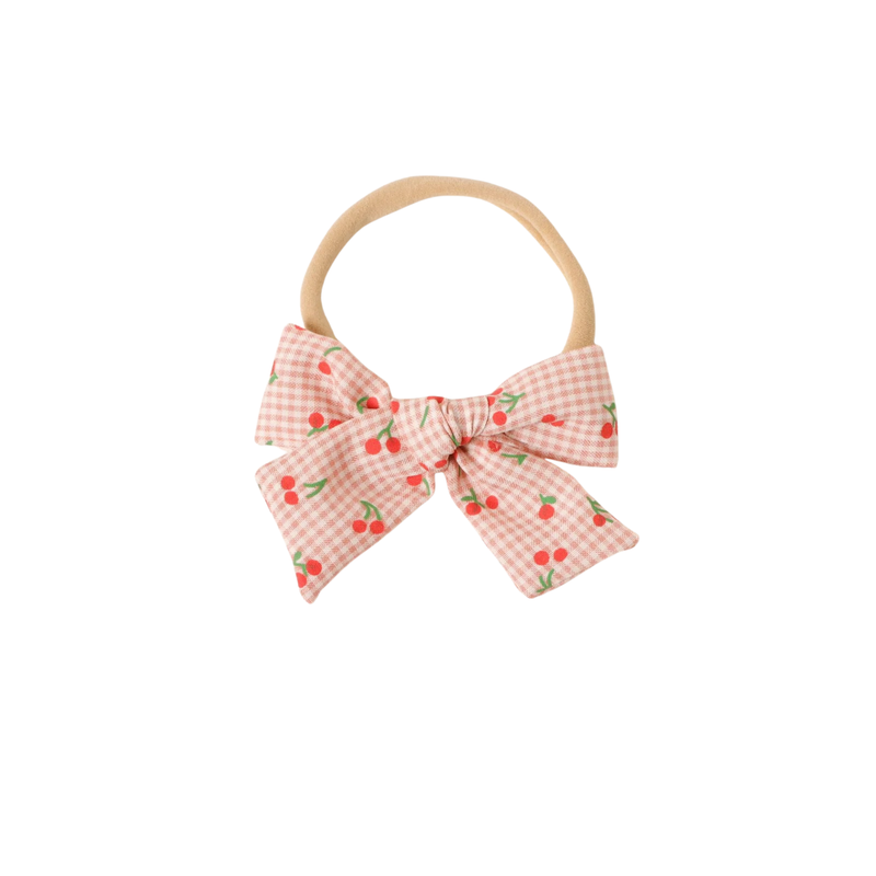 Cherry Gingham Baby Bow Headband in Blush Pink