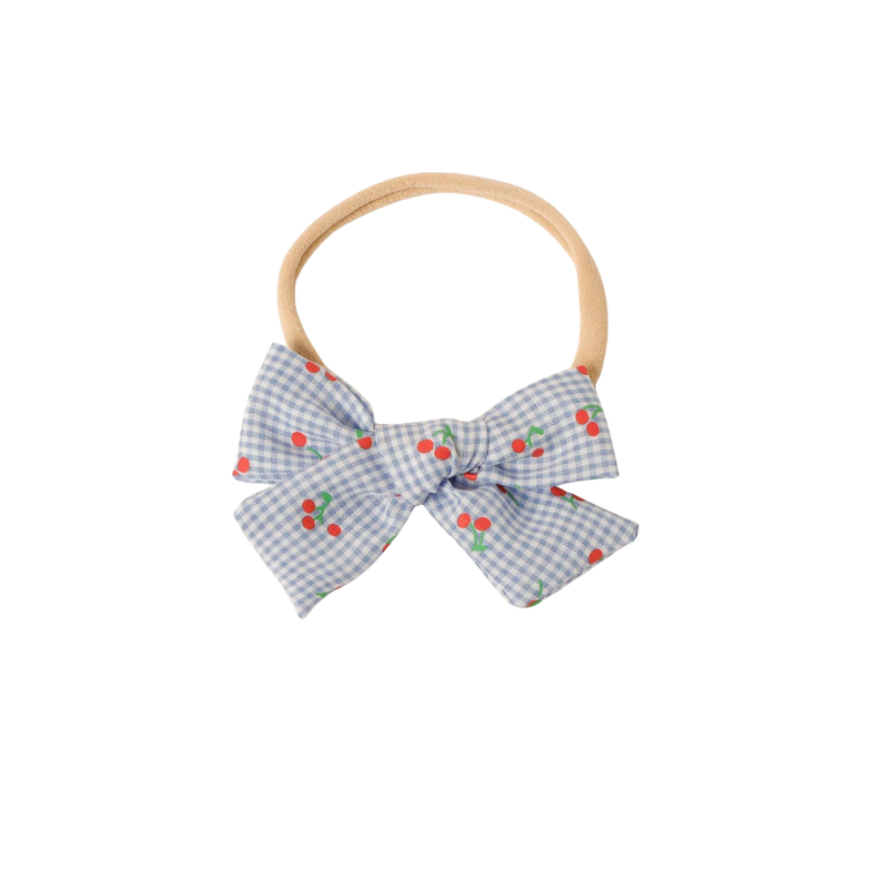 Cherry Gingham Baby Bow Headband in Powder Blue