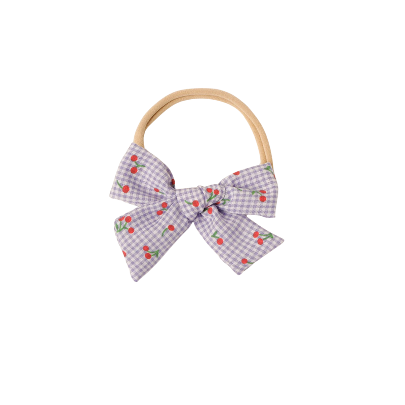 Cherry Gingham Baby Bow Headband in Lilac