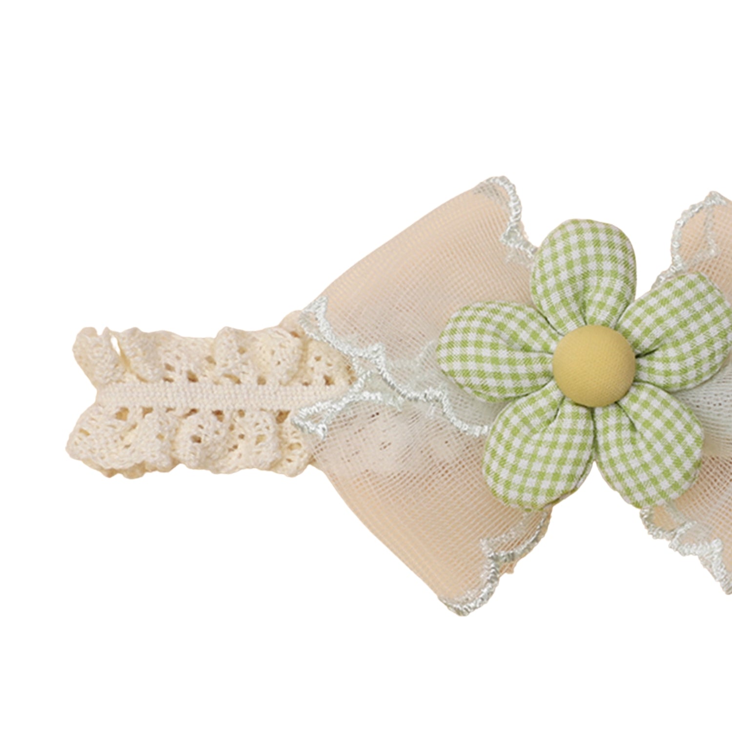 Cushion Daisy Crochet Baby Headband in Mint — cat baby headband showing face and soft texture
