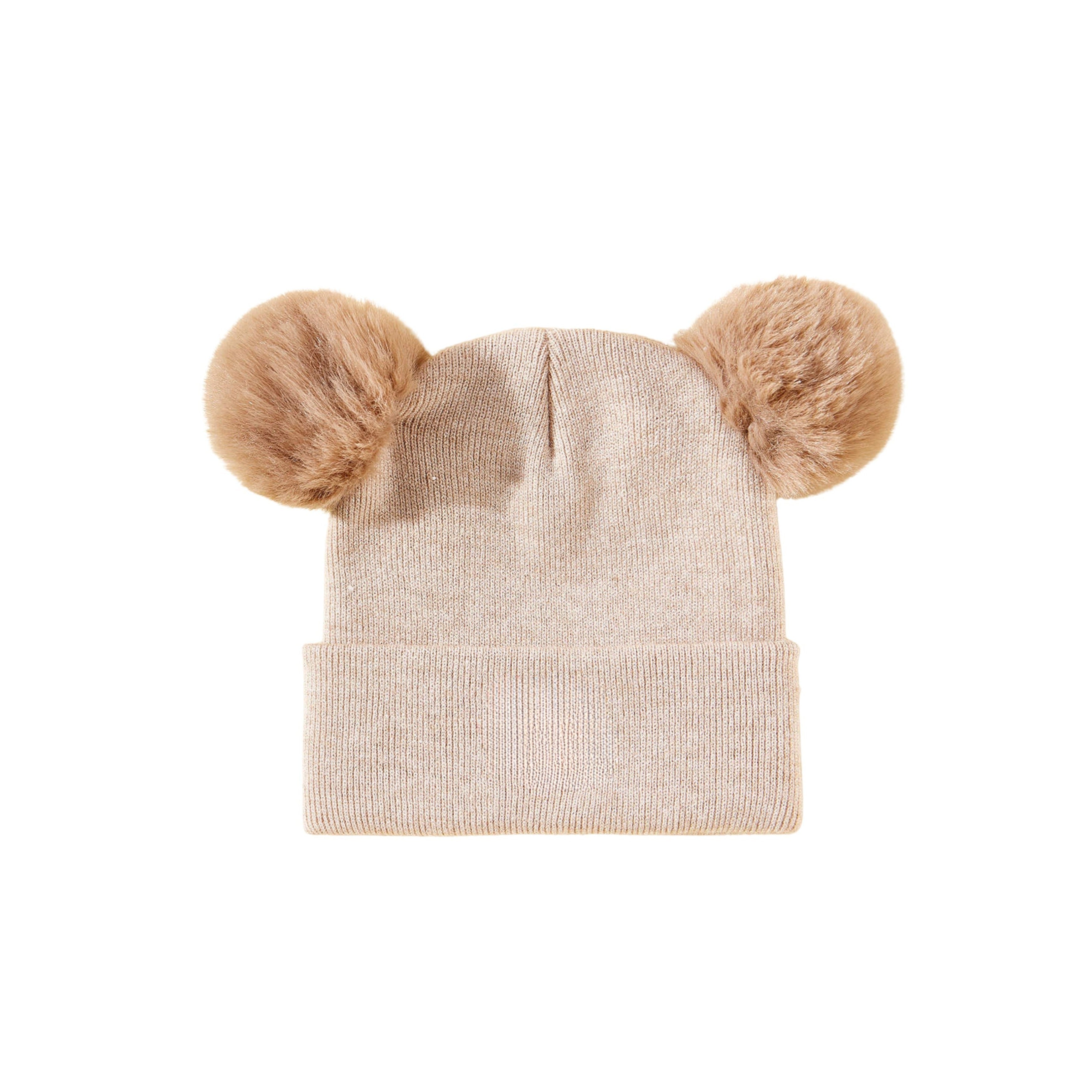 Latte knit pom pom baby beanie — Pom Pom Baby Beanie on white background