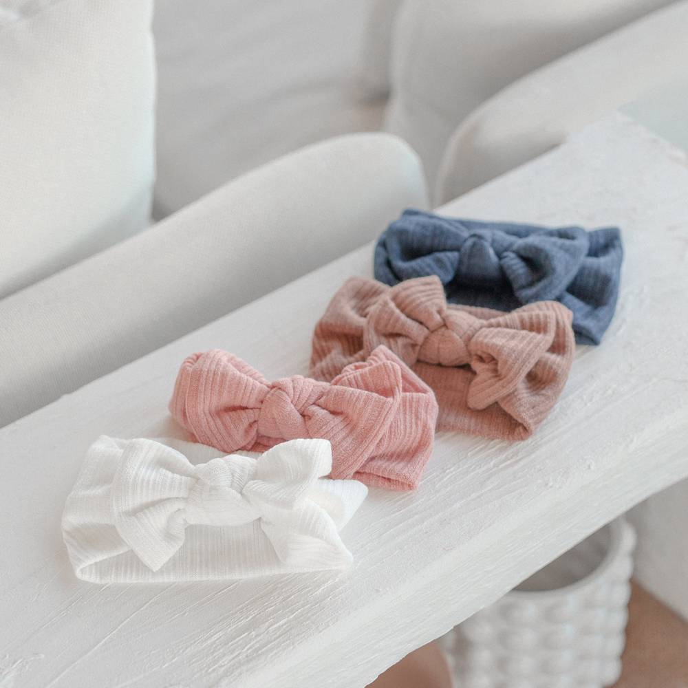 Baby Light Knit Single Soft Bow Knot Headband in Navy — close-up of bow on navy baby headband