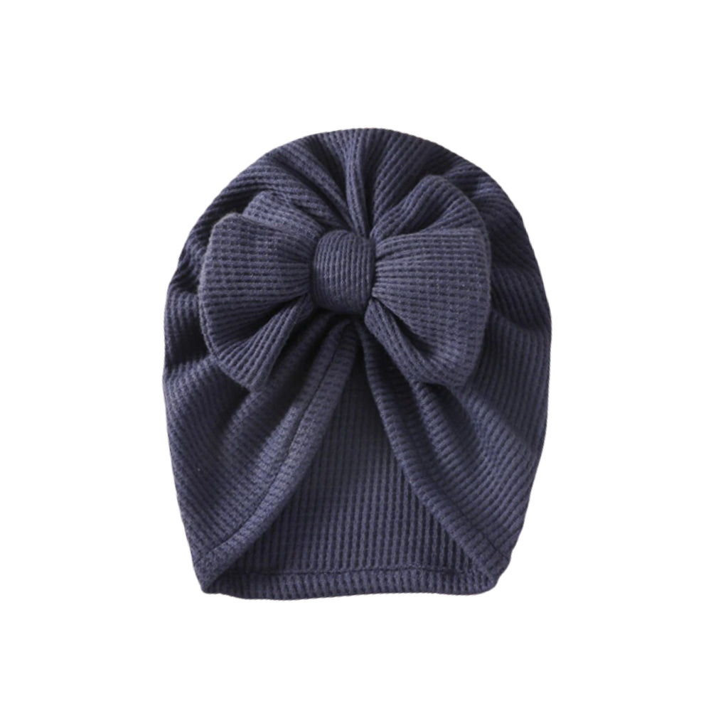 Navy knit textured baby turban with bow detail — Baby Girl Waffle Bow Turban on white background