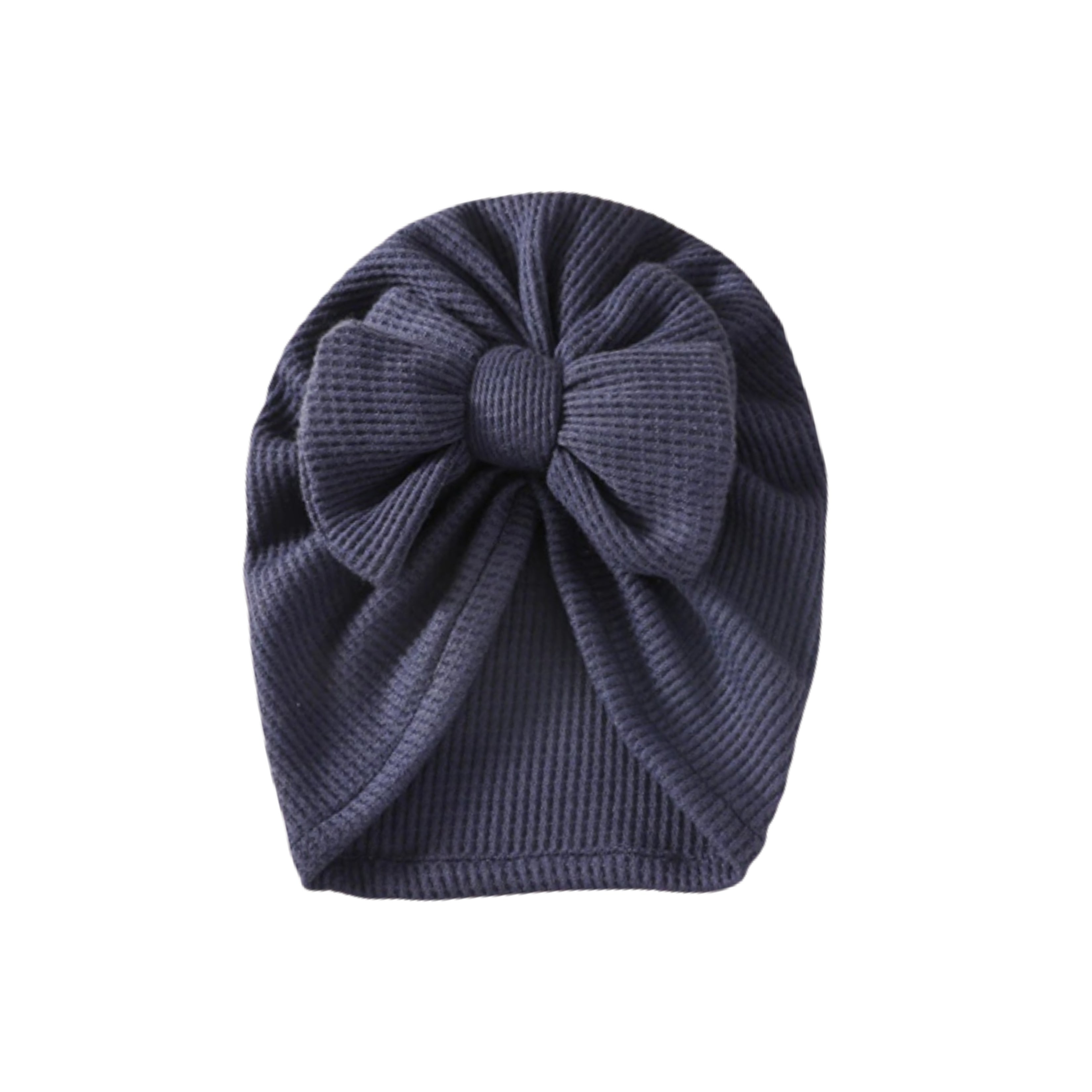 Navy knit textured baby turban with bow detail — Baby Girl Waffle Bow Turban on white background