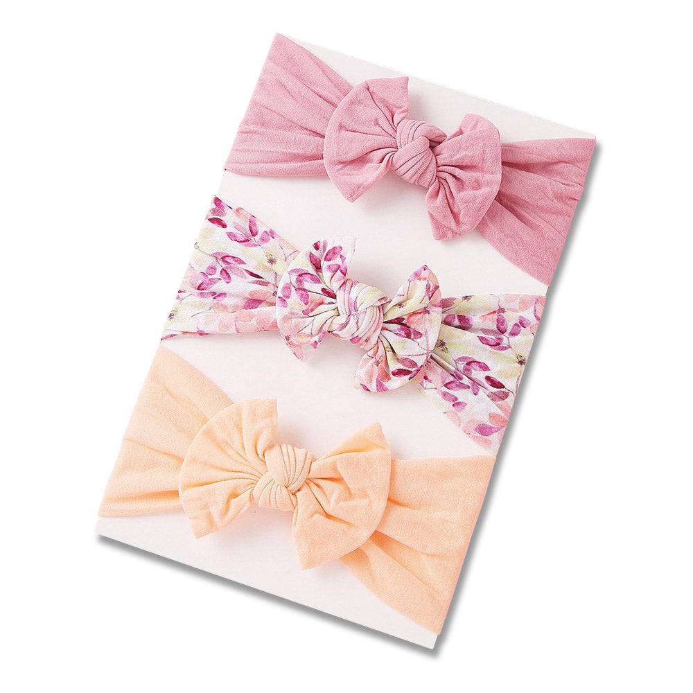 Blush / apricot nylon ear detail baby headband with bow detail — Baby Headband 3pc Set on white background
