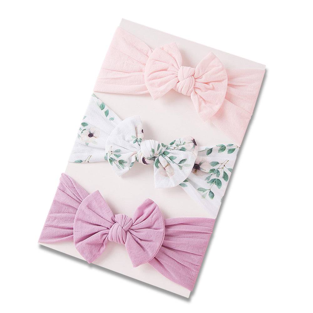 Fairy floss / orchid nylon ear detail baby headband with bow detail — Baby Headband 3pc Set on white background