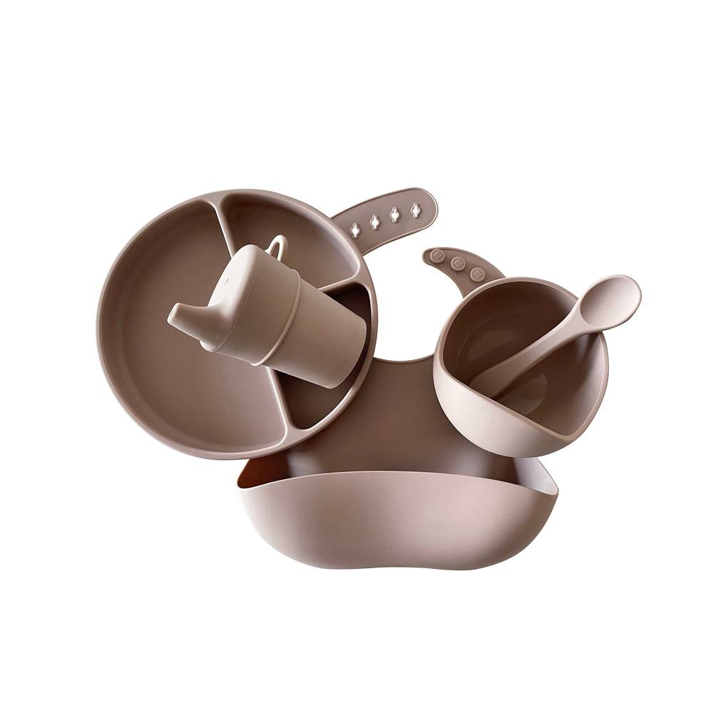 Silicone Baby Feeding Set in Almond Frost — close-up showing silicone texture and craftsmanship