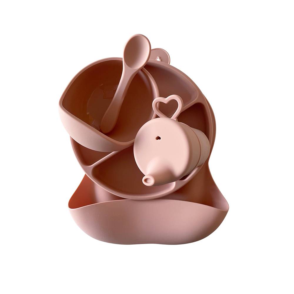 Silicone Baby Feeding Set in Brandy Rose — brandy rose baby bib product styling