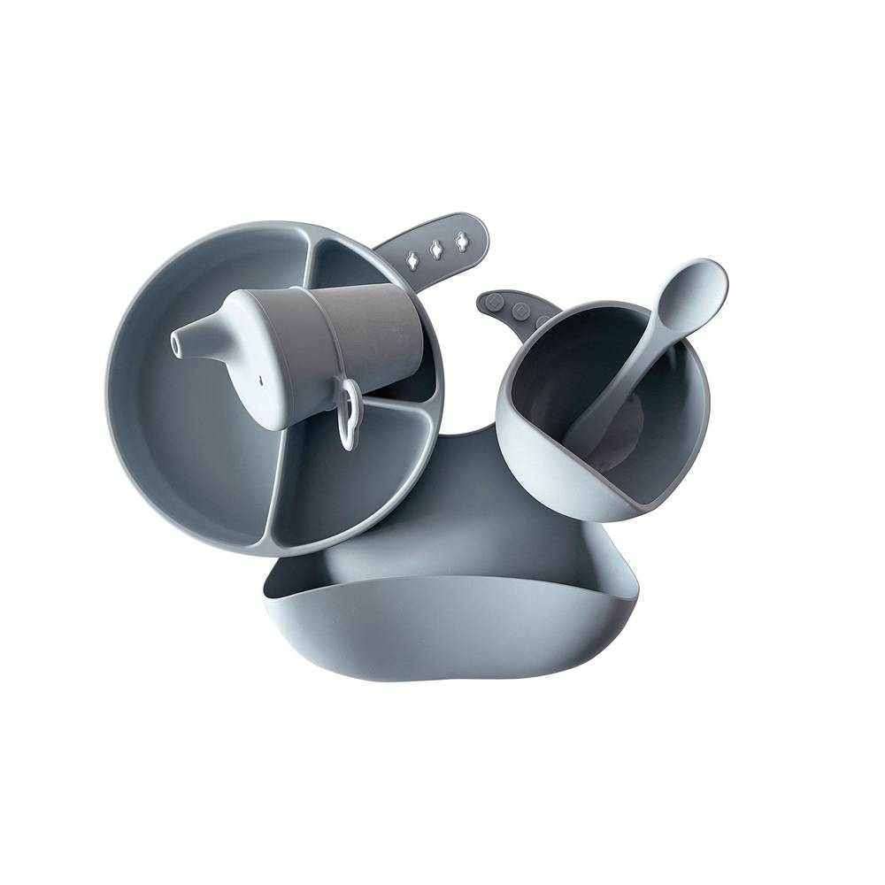 Silicone Baby Feeding Set in Dusk Blue — close-up showing silicone texture and craftsmanship