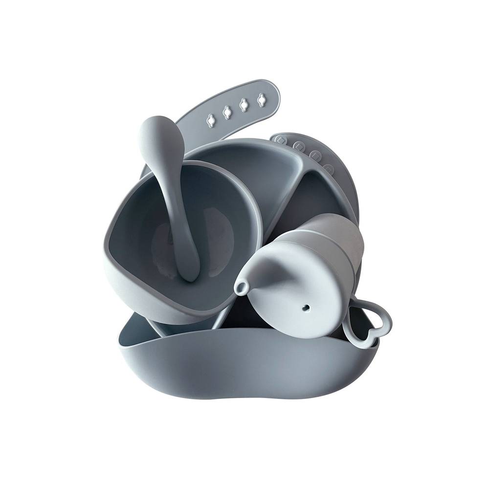 Silicone Baby Feeding Set in Dusk Blue — cat baby bib showing face and soft texture