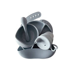 Silicone Baby Feeding Set in Dusk Blue — cat baby bib showing face and soft texture