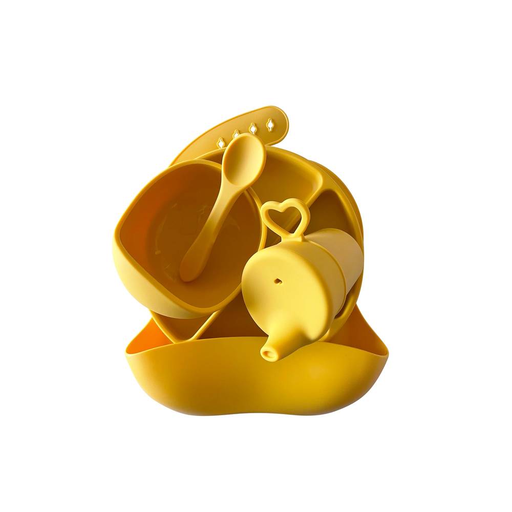 Silicone Baby Feeding Set in Honey Gold — close-up showing silicone texture and craftsmanship