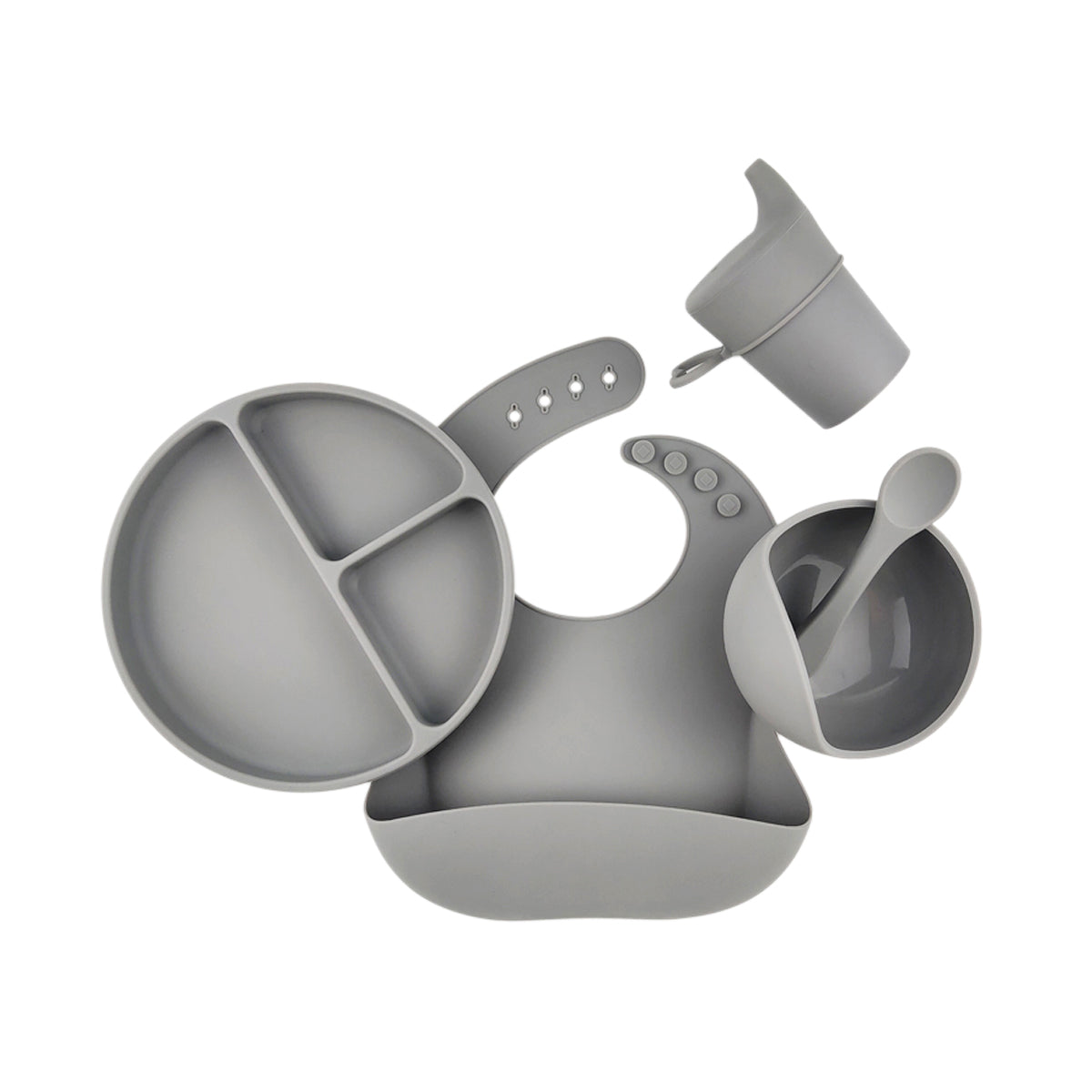 Koala grey silicone ear detail baby bib — Silicone Baby Feeding Set on white background