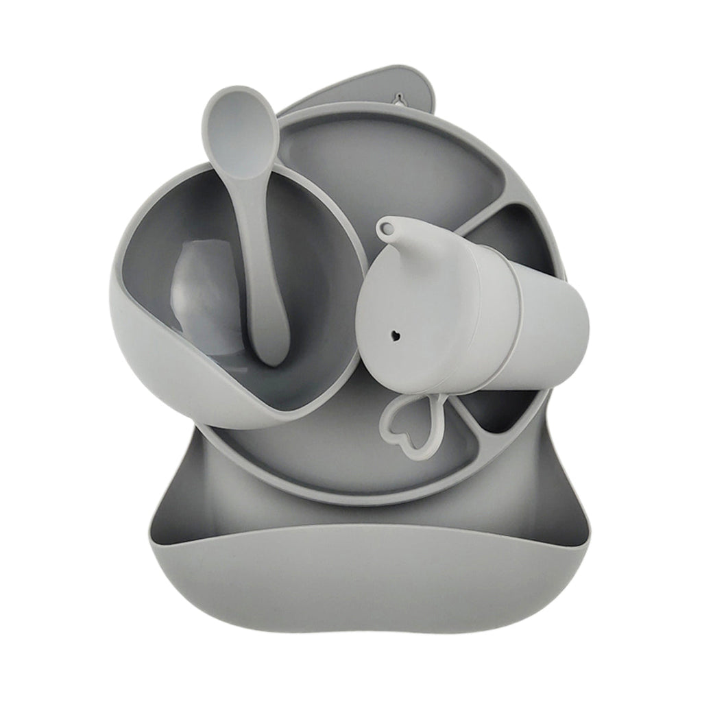 Silicone Baby Feeding Set in Koala Grey — koala baby bib showing face and soft texture