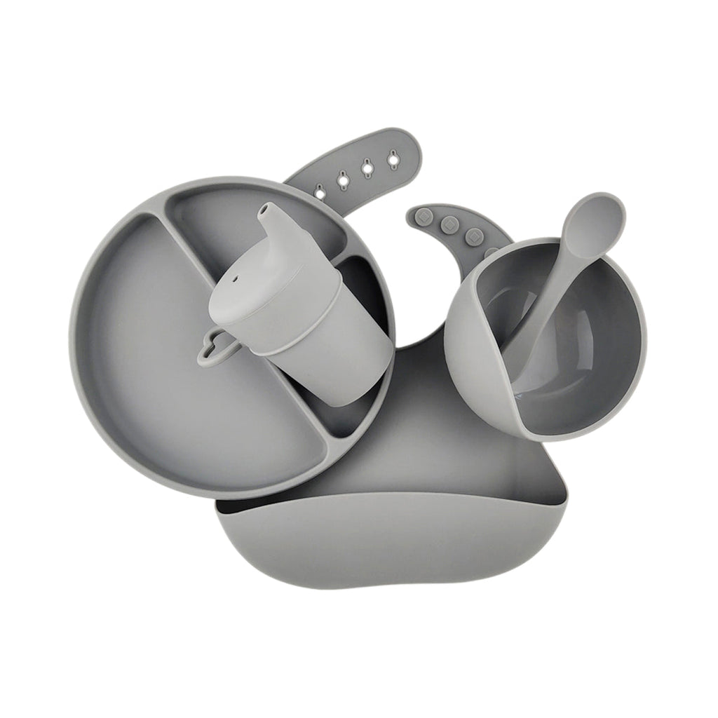 Silicone Baby Feeding Set in Koala Grey — close-up showing silicone texture and craftsmanship