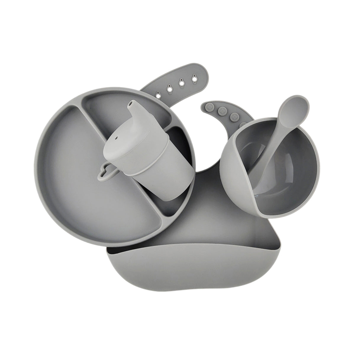 Silicone Baby Feeding Set in Koala Grey — close-up showing silicone texture and craftsmanship