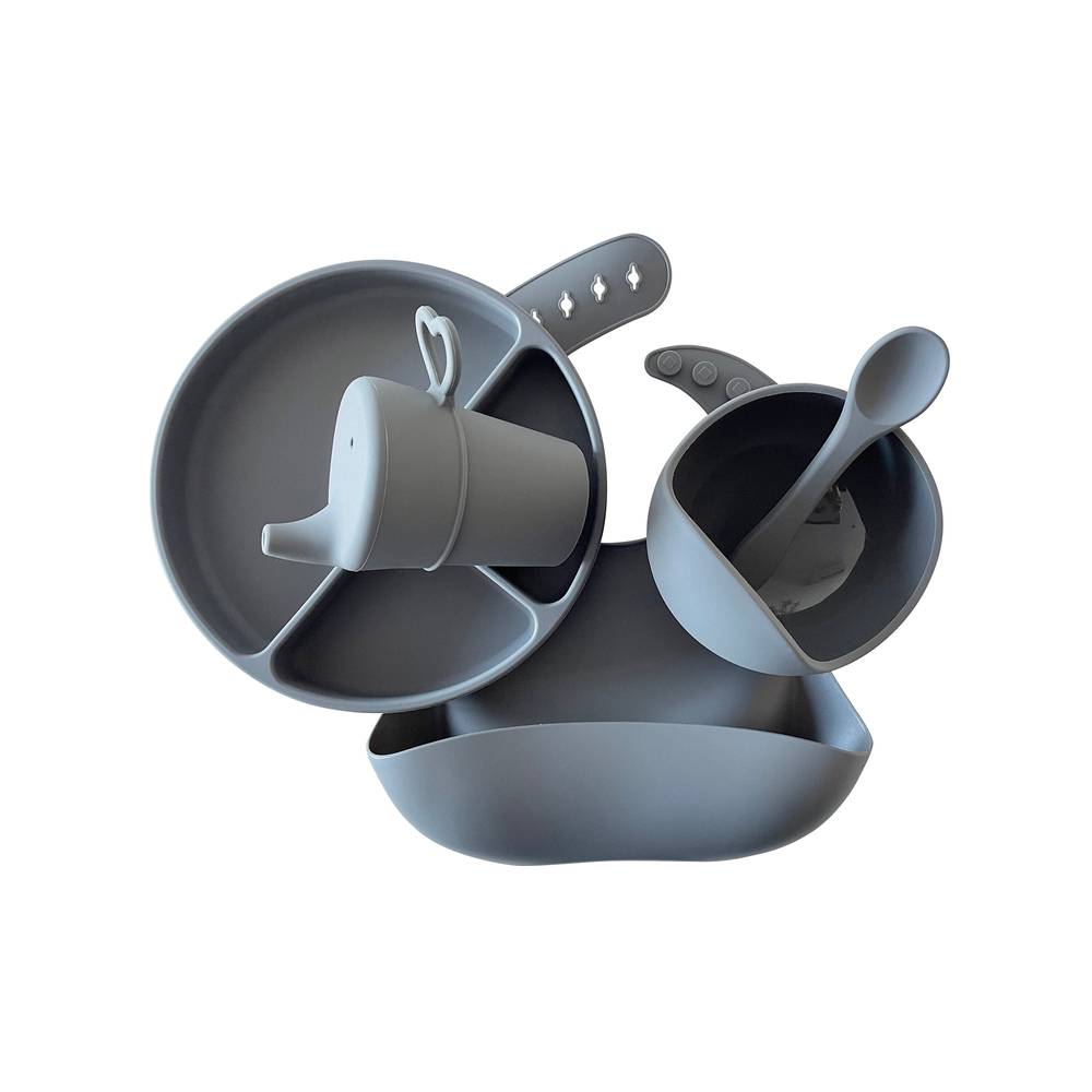 Silicone Baby Feeding Set in Night Comet — cat baby bib showing face and soft texture