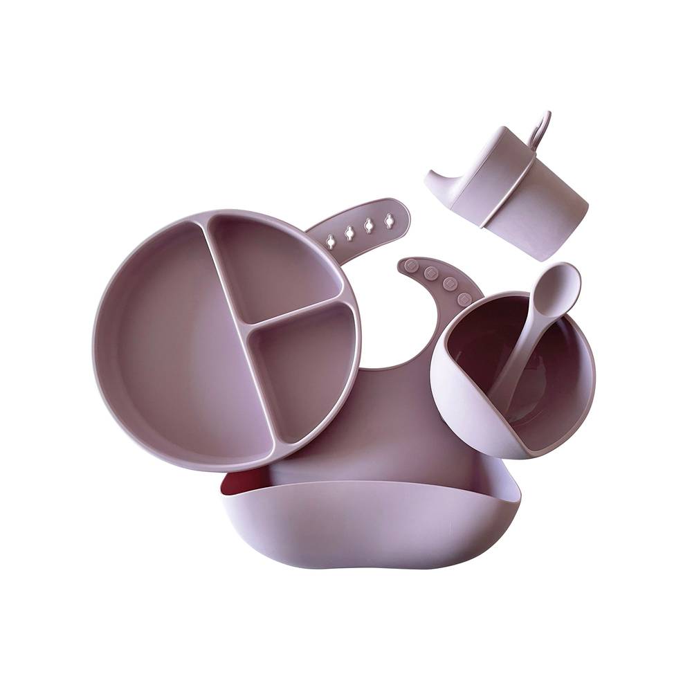 Periwinkle silicone ear detail baby bib — Silicone Baby Feeding Set on white background