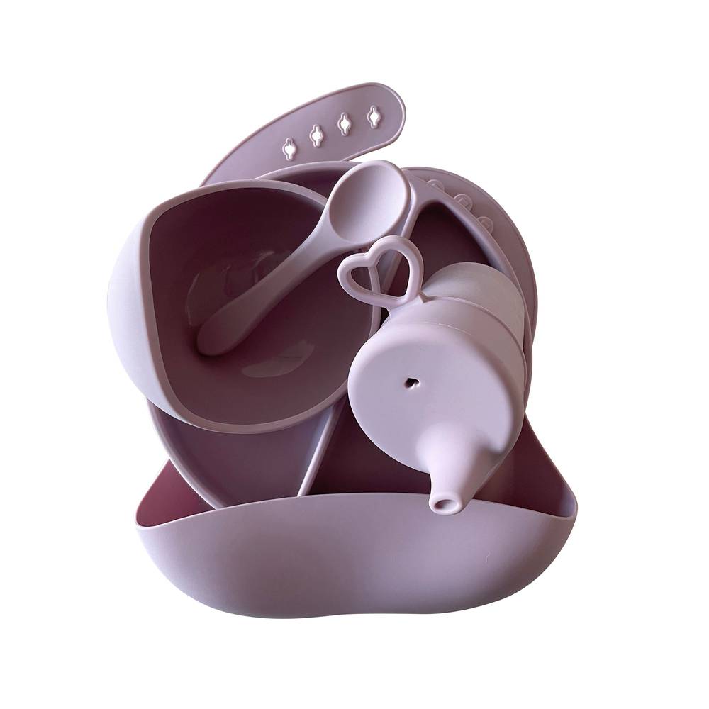 Silicone Baby Feeding Set in Periwinkle — cat baby bib showing face and soft texture