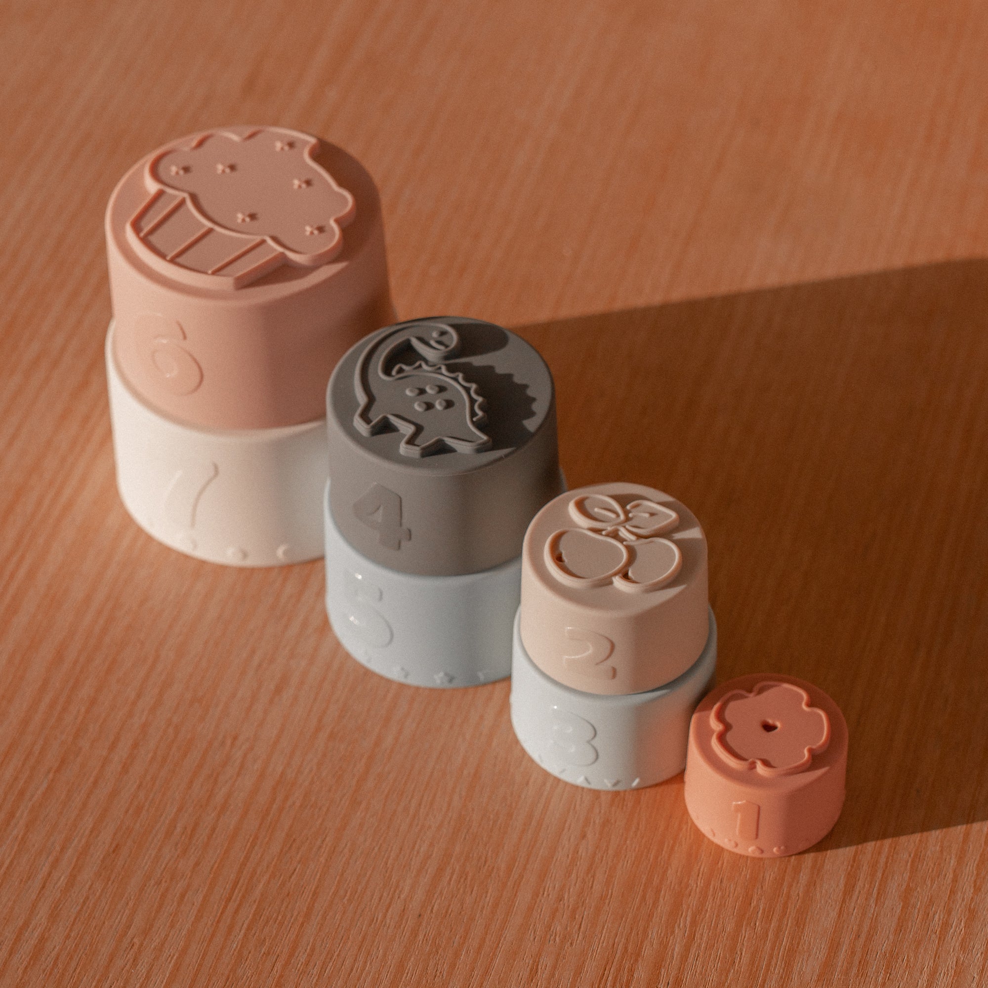 Silicone Baby Stacking Cups Bath & Beach in Pastel — close-up showing silicone texture and craftsmanship
