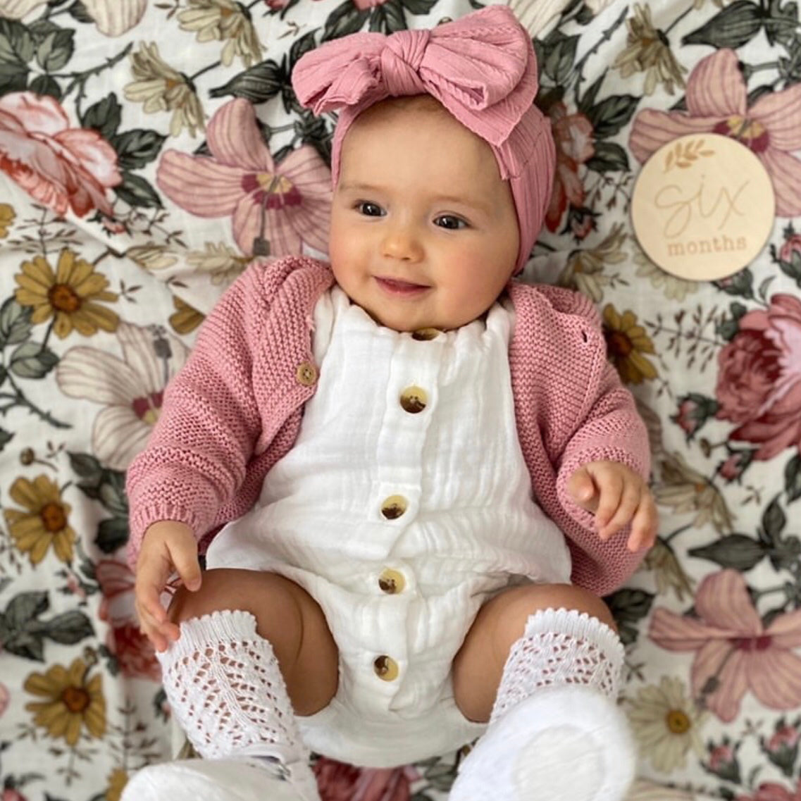 Baby girl wearing wisteria purple baby headband with ear detail — Bowie Double Bow Headband