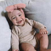 Bowie Double Bow baby headband in Cruise Blue , soft ribbed knit with re-tieable double bow