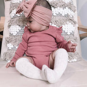 Bowie Double Bow baby headband in Peony Pink , soft ribbed knit with re-tieable double bow