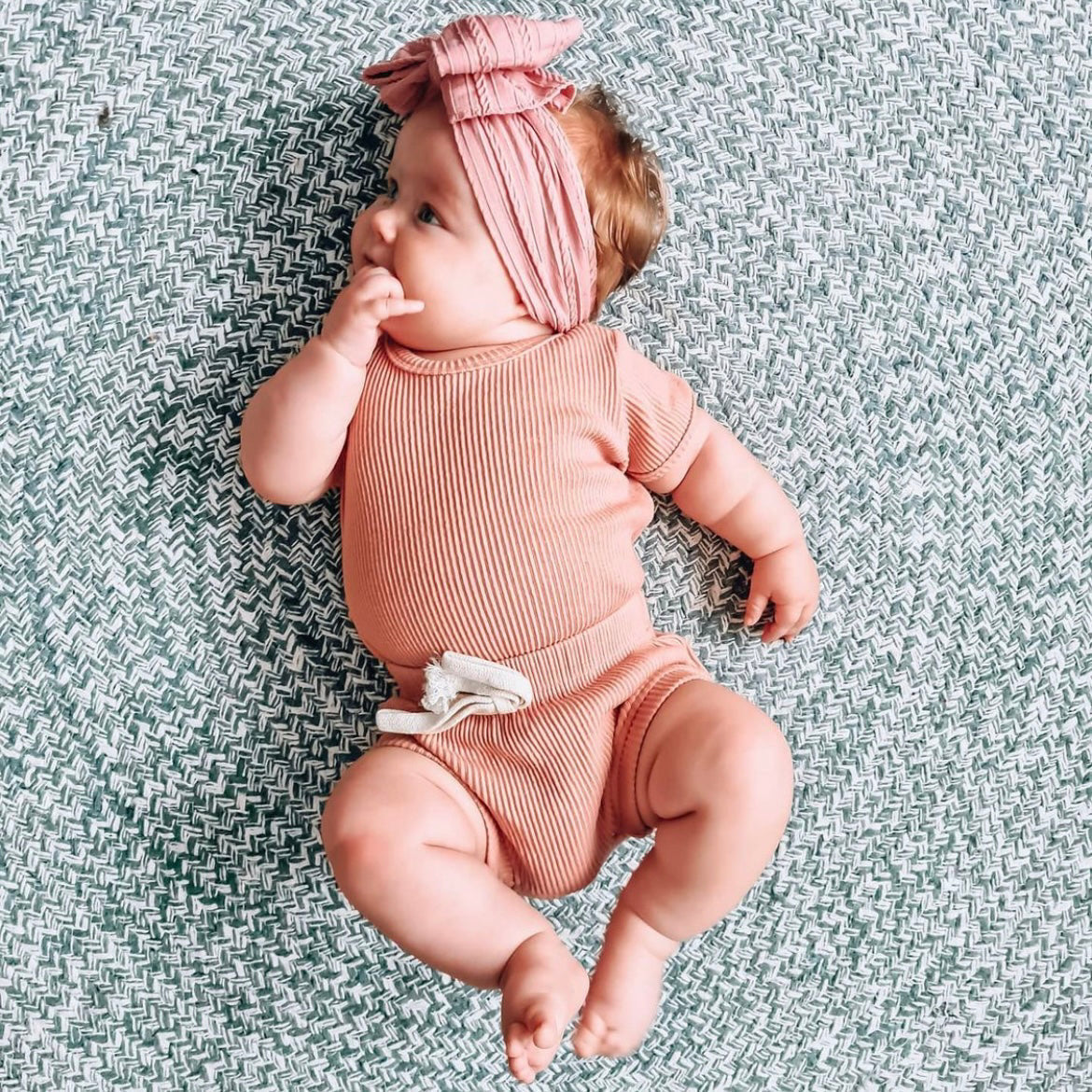 Bowie Double Bow Headband in Cruise Blue — baby headband size and scale reference