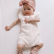 Bowie Double Bow baby headband in Peony Pink , soft ribbed knit with re-tieable double bow