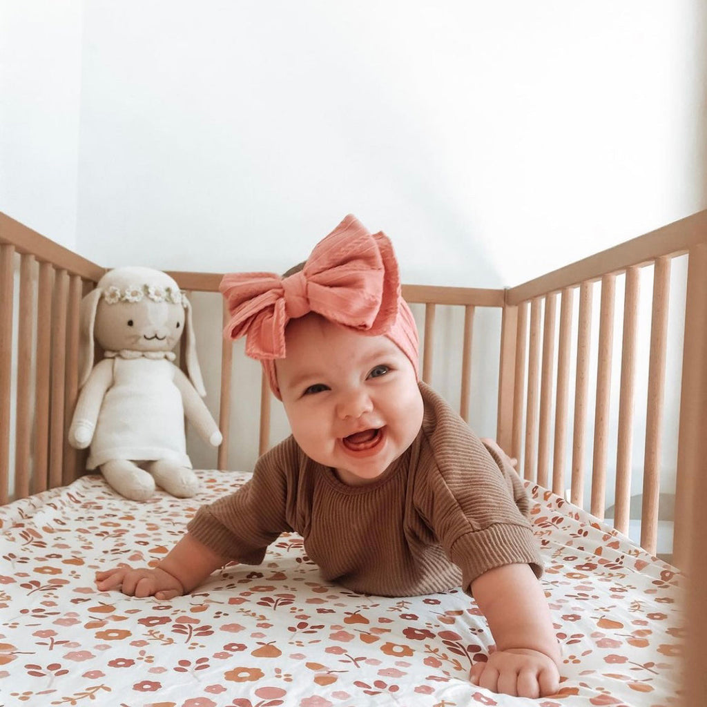 Baby girl wearing powder blue baby headband with ear detail — Bowie Double Bow Headband