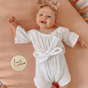 Bowie Double Bow baby headband in Sienna , soft ribbed knit with re-tieable double bow