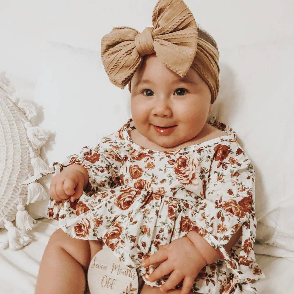 Baby girl wearing sienna baby headband with ear detail — Bowie Double Bow Headband