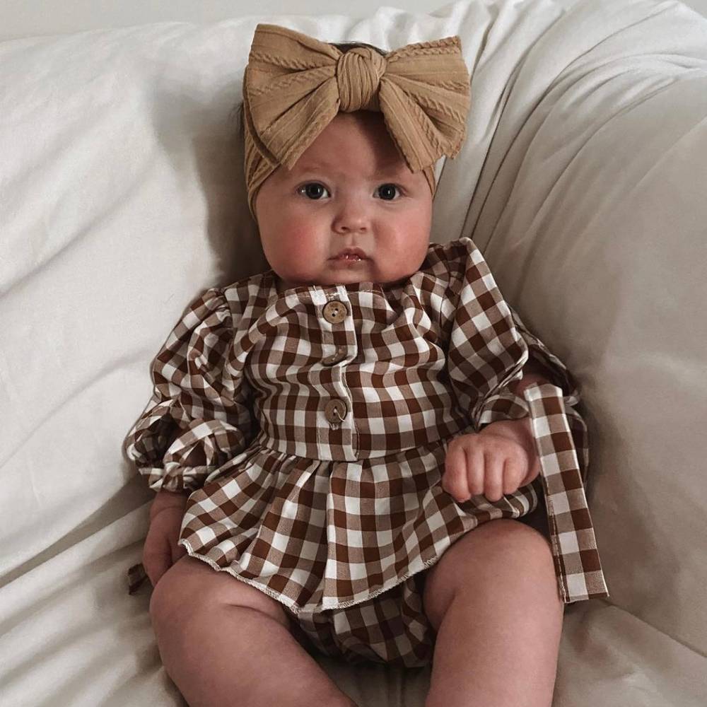 Bowie Double Bow Headband in Sienna — baby headband close-up showing nylon