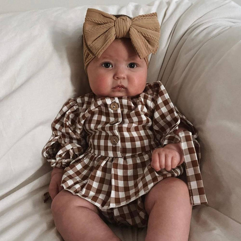 Bowie Double Bow baby headband in Sienna , soft ribbed knit with re-tieable double bow