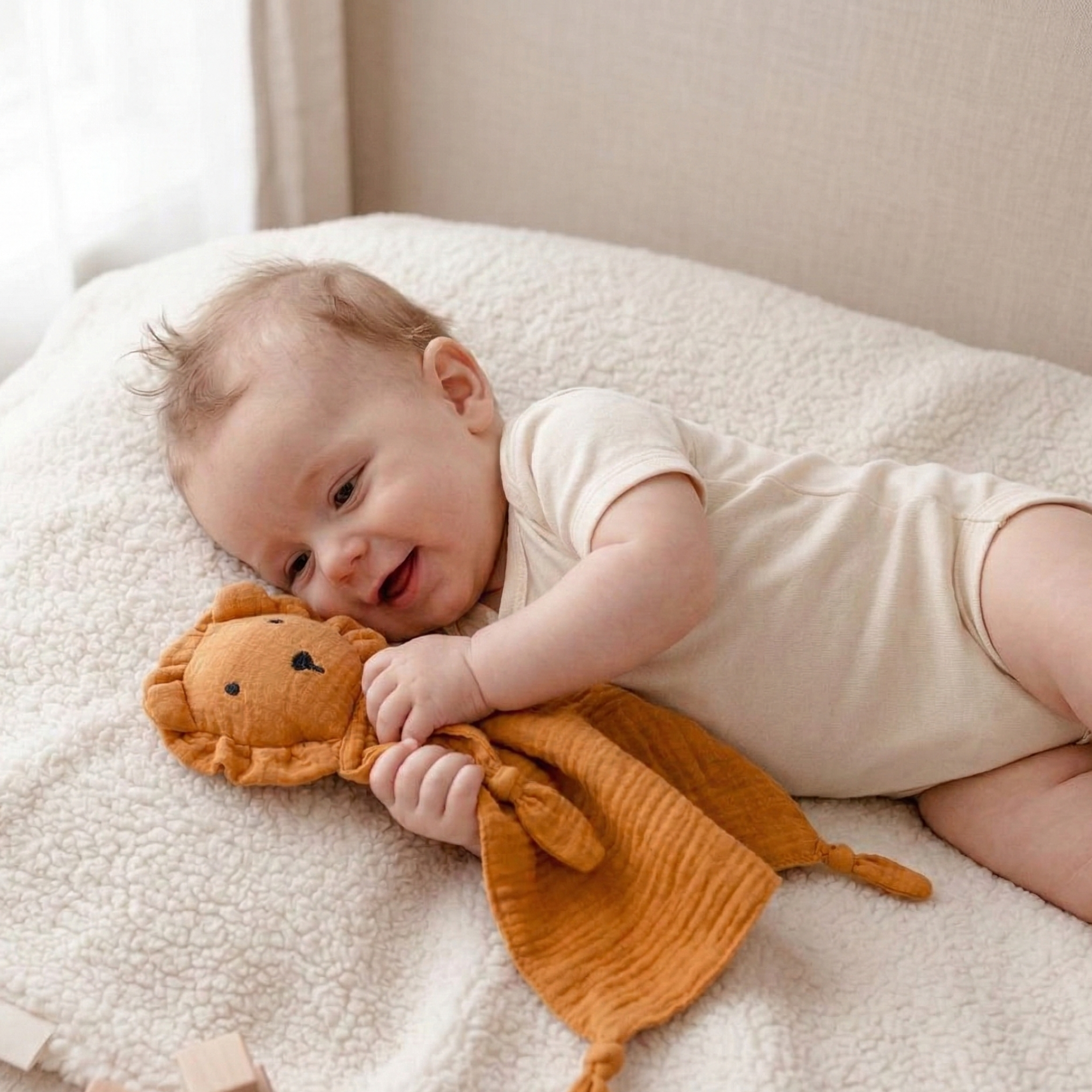 Cotton Baby Comforter Leo The Lion in Mustard — lion baby comforter showing face and soft texture