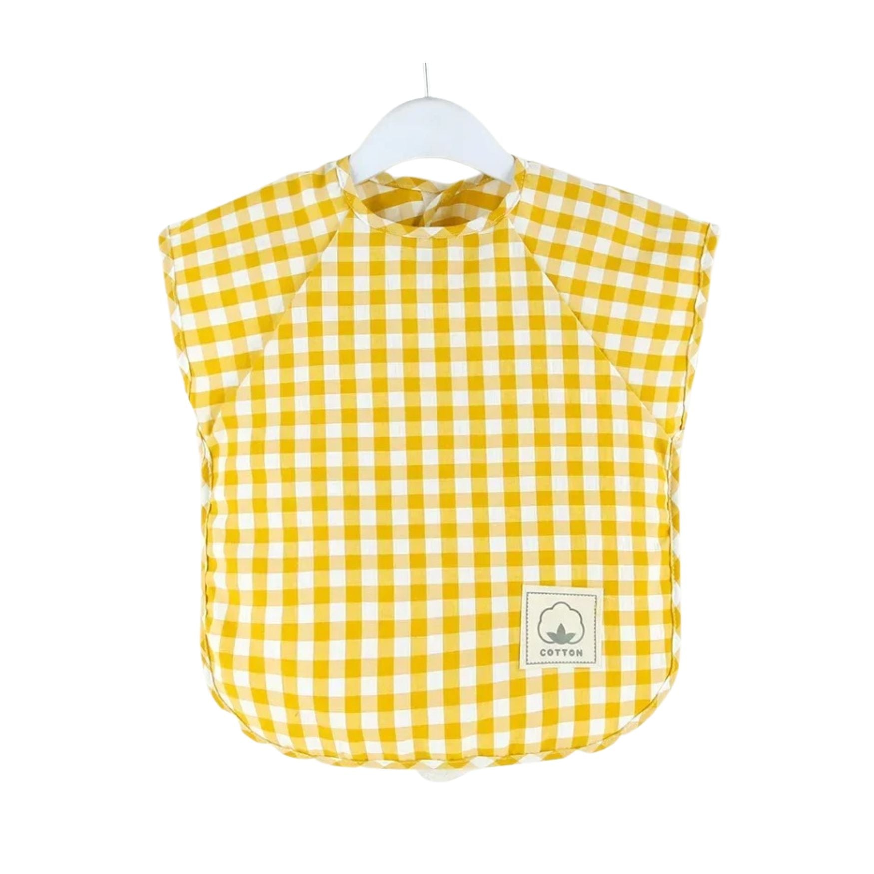 Gingham check baby bib — Yellow Gingham Waterproof Baby Smock Bib Short Sleeve on white background