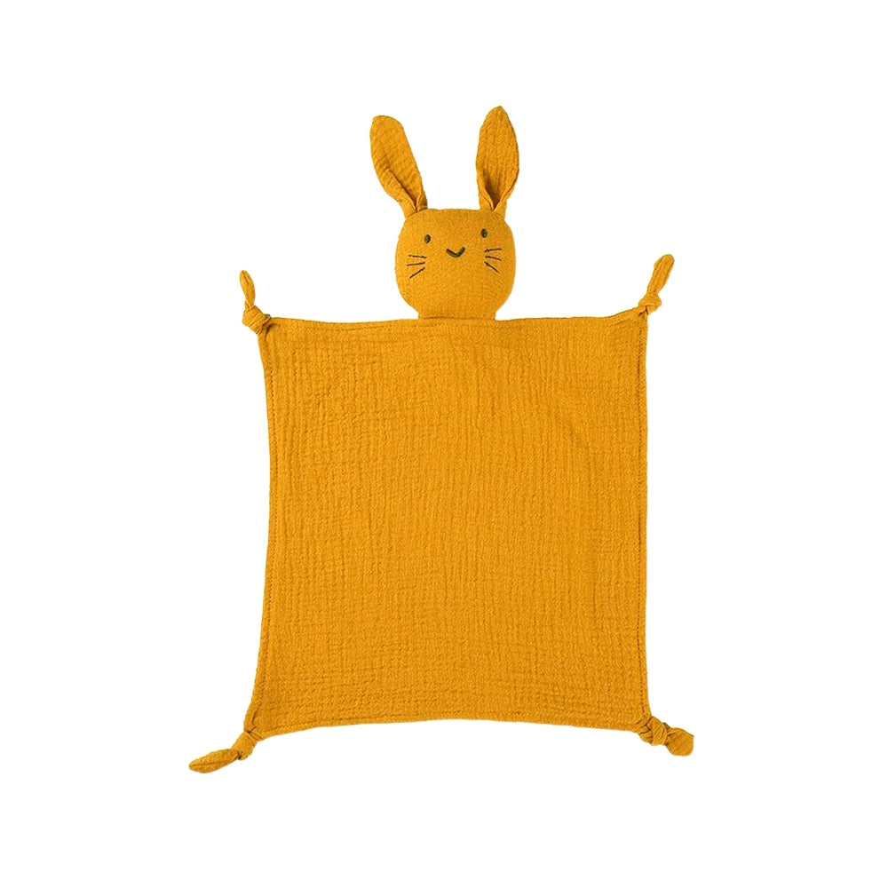 Mustard cotton muslin bunny baby comforter — Thumper Bunny Cotton Baby Comforter in Mustard on white background