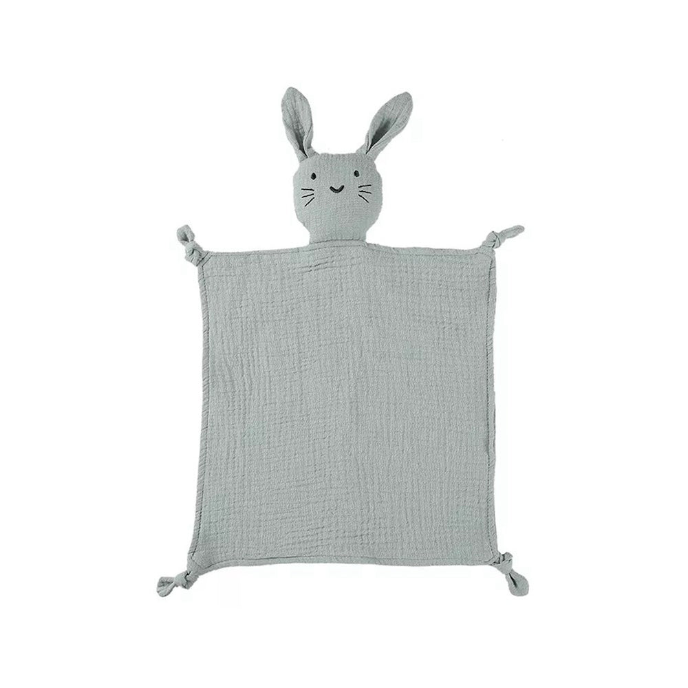 Turquoise cotton muslin bunny baby comforter — Thumper Bunny Cotton Baby Comforter in Turquoise on white background