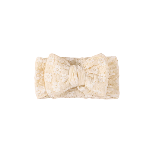 Cream lace floral baby headband with bow detail — Harlow Lace Bow Headband on white background