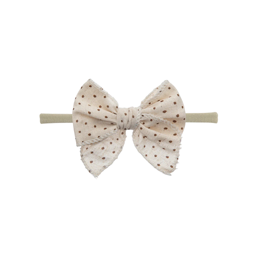 Cream speckle nylon oversized bow baby headband — Frankie Bow Headband on white background