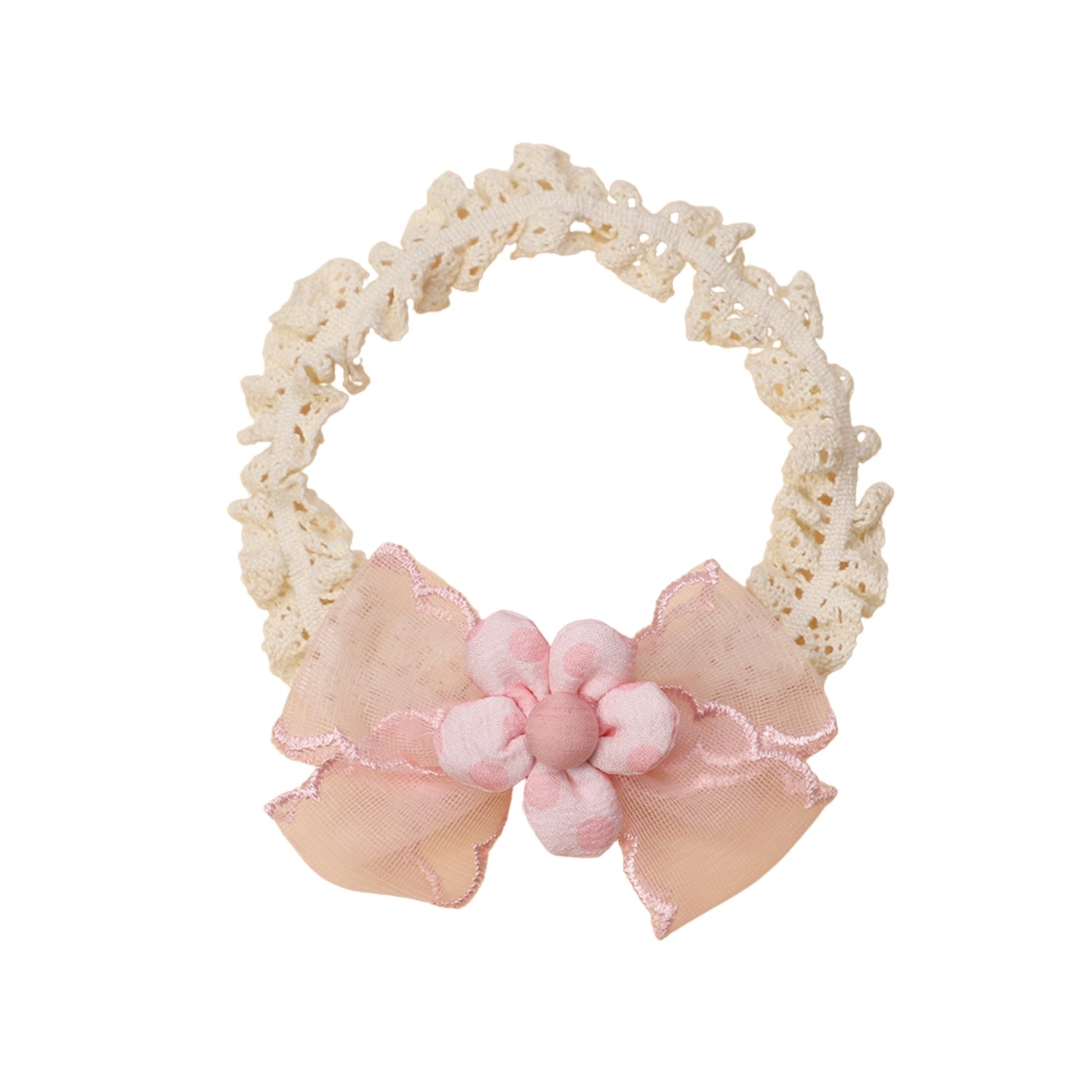 Cushion Daisy Crochet Baby Headband in Fairy Floss — cat baby headband showing face and soft texture