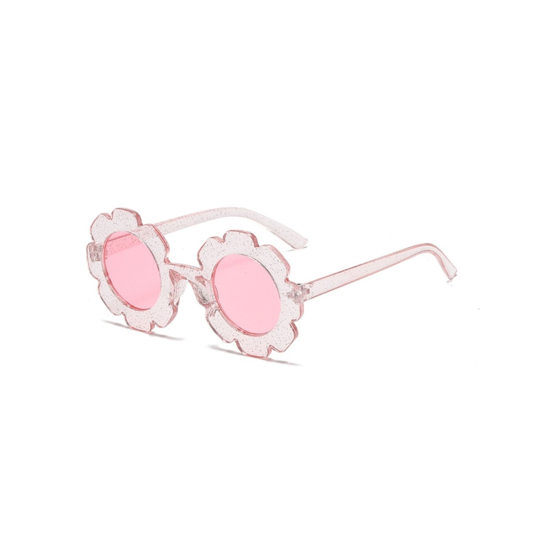 Clear pink sparkle sunglasses floral baby sunglasses — Edna Round Flower on white background