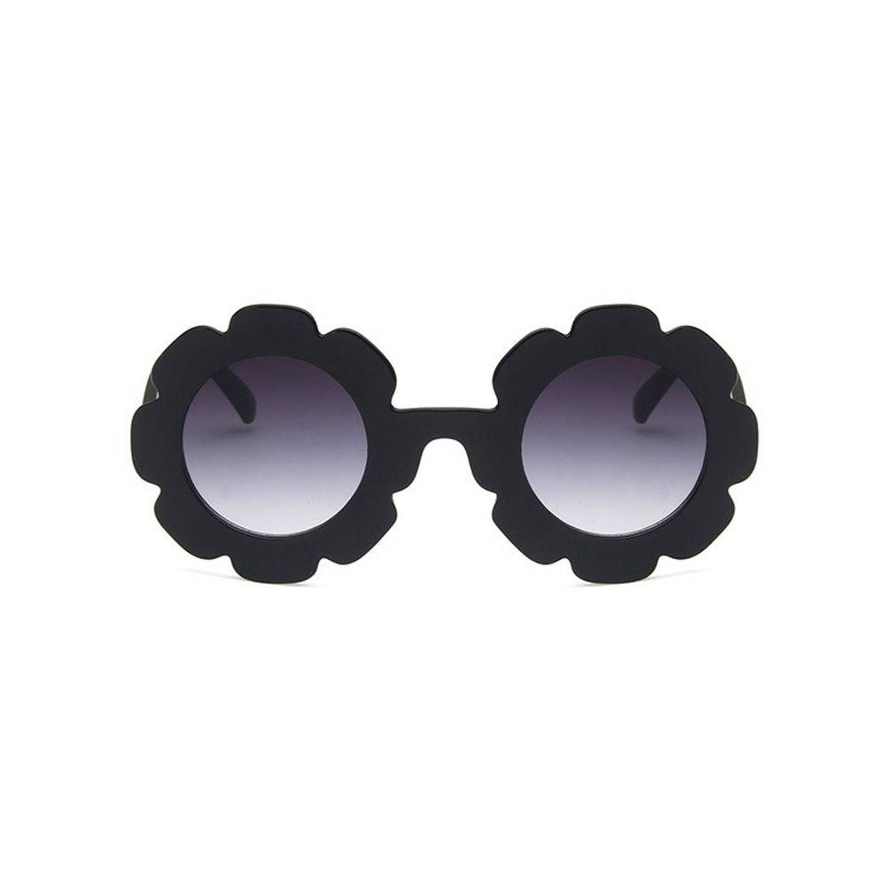 Edna Round Flower in Jet Frame Dark Lens Sunglasses — cat baby sunglasses showing face and soft texture