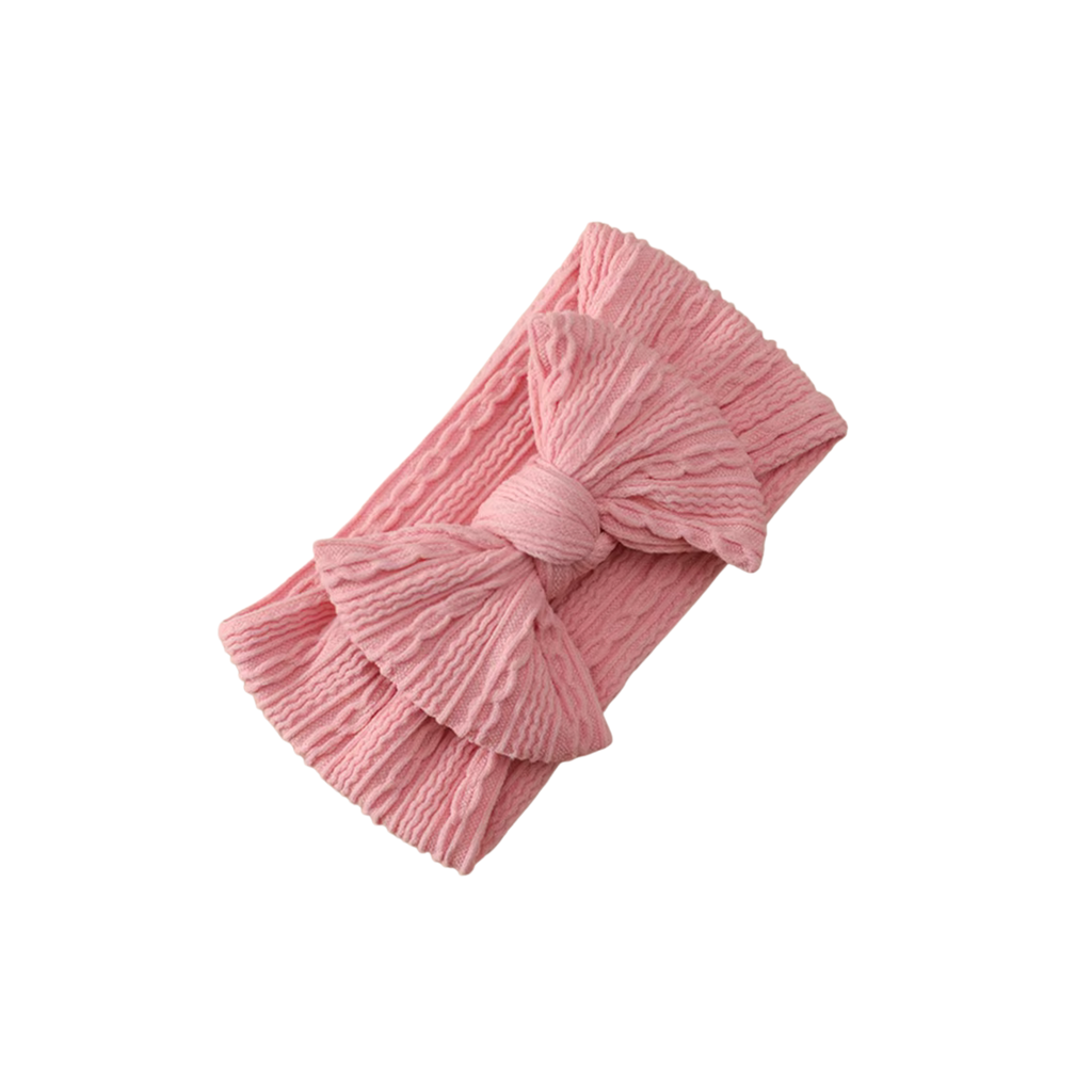 Pink flamingo nylon knotted bow baby headband — Mila Top Knot Bow Headband on white background